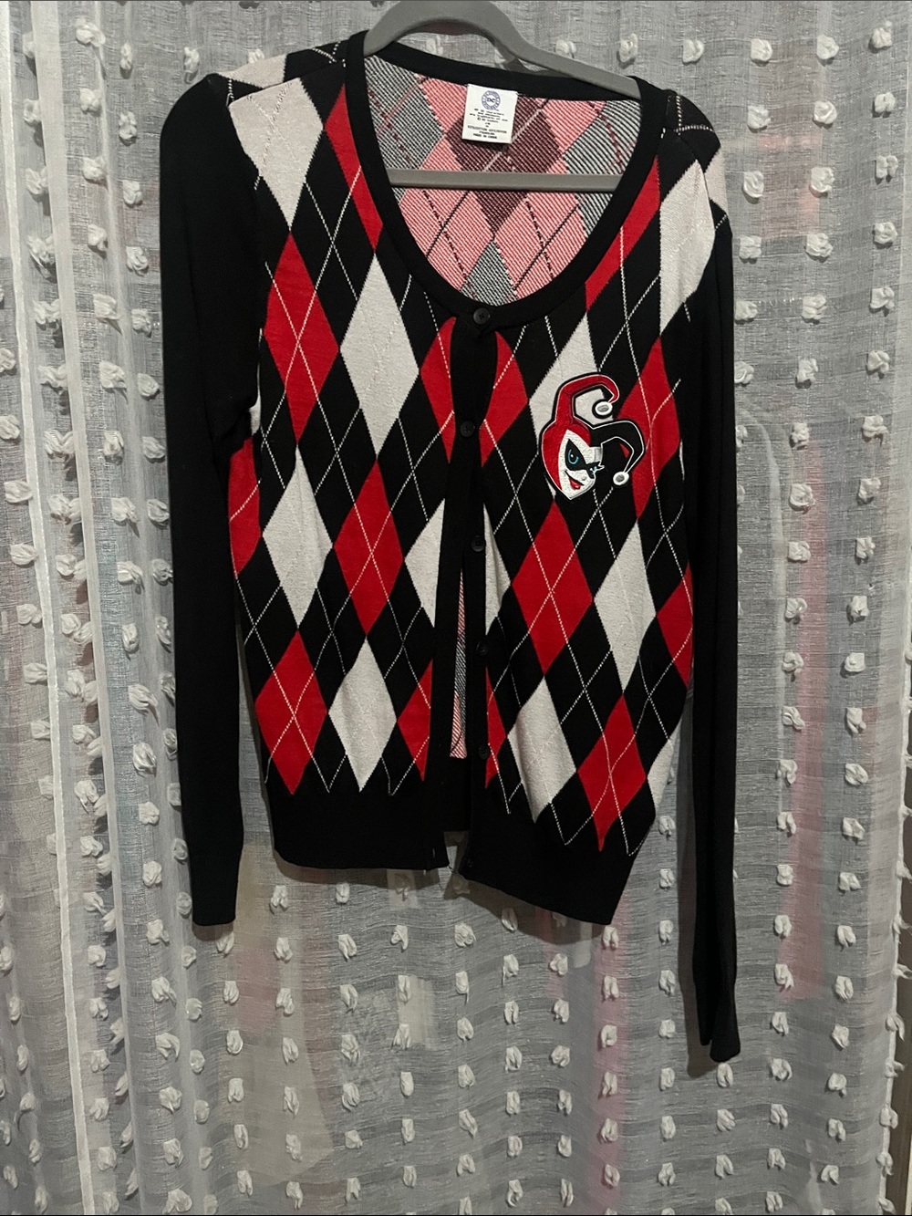 DC Comics Women’s Argyle Cardigan Sweater - Black, Red, White